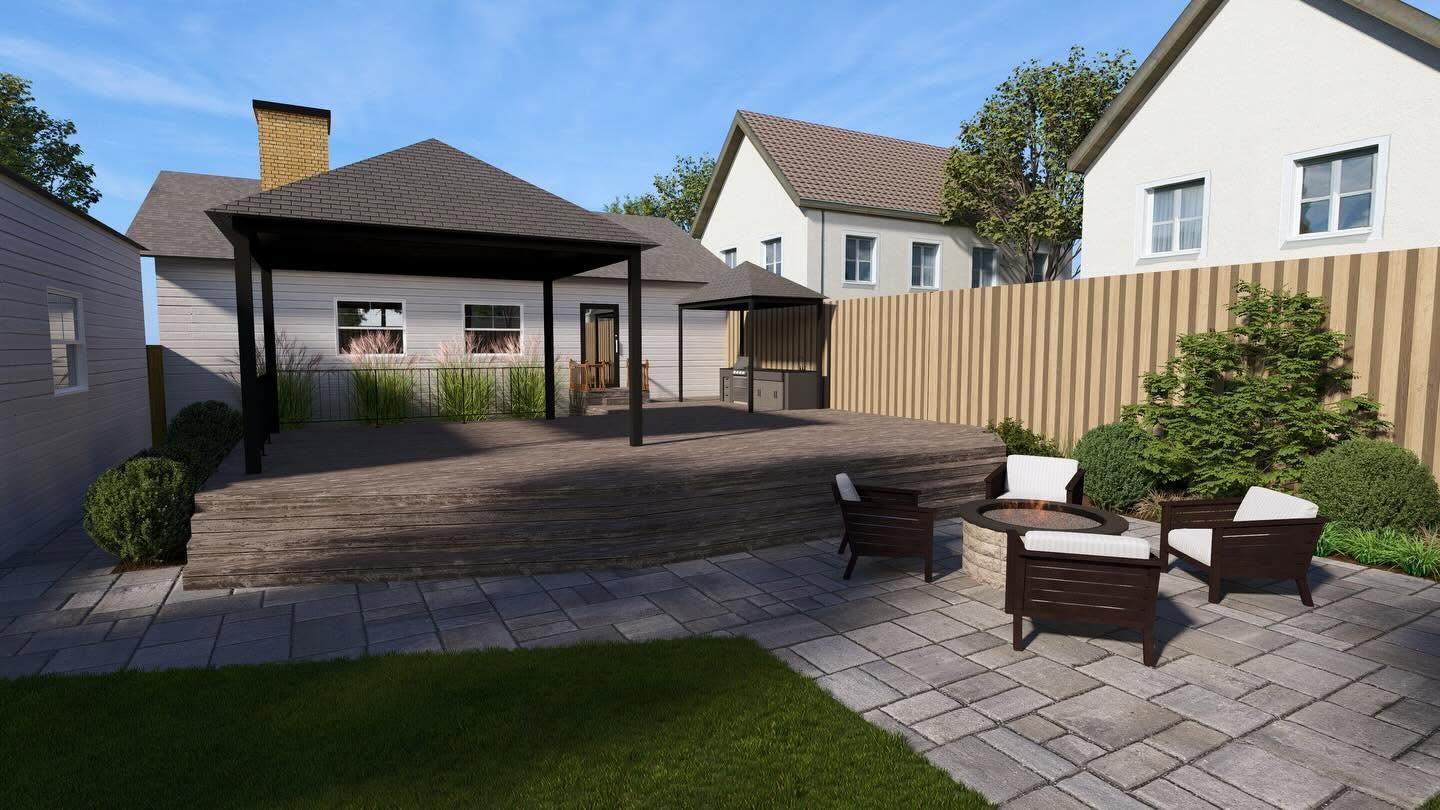 Full backyard design with a raised deck, pergola, paver patio, and fire-pit lounge