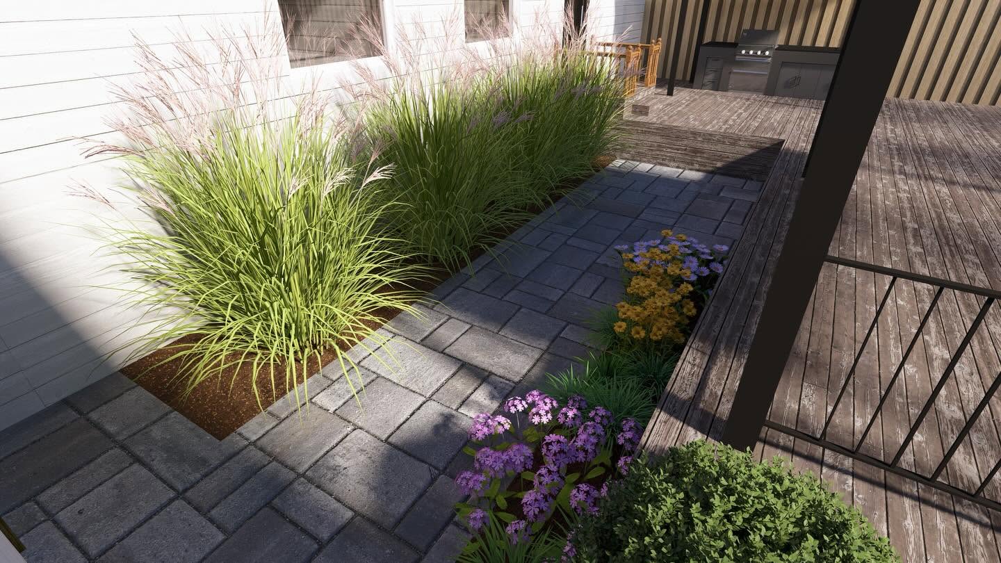 Layered planting beds with ornamental grasses and perennials